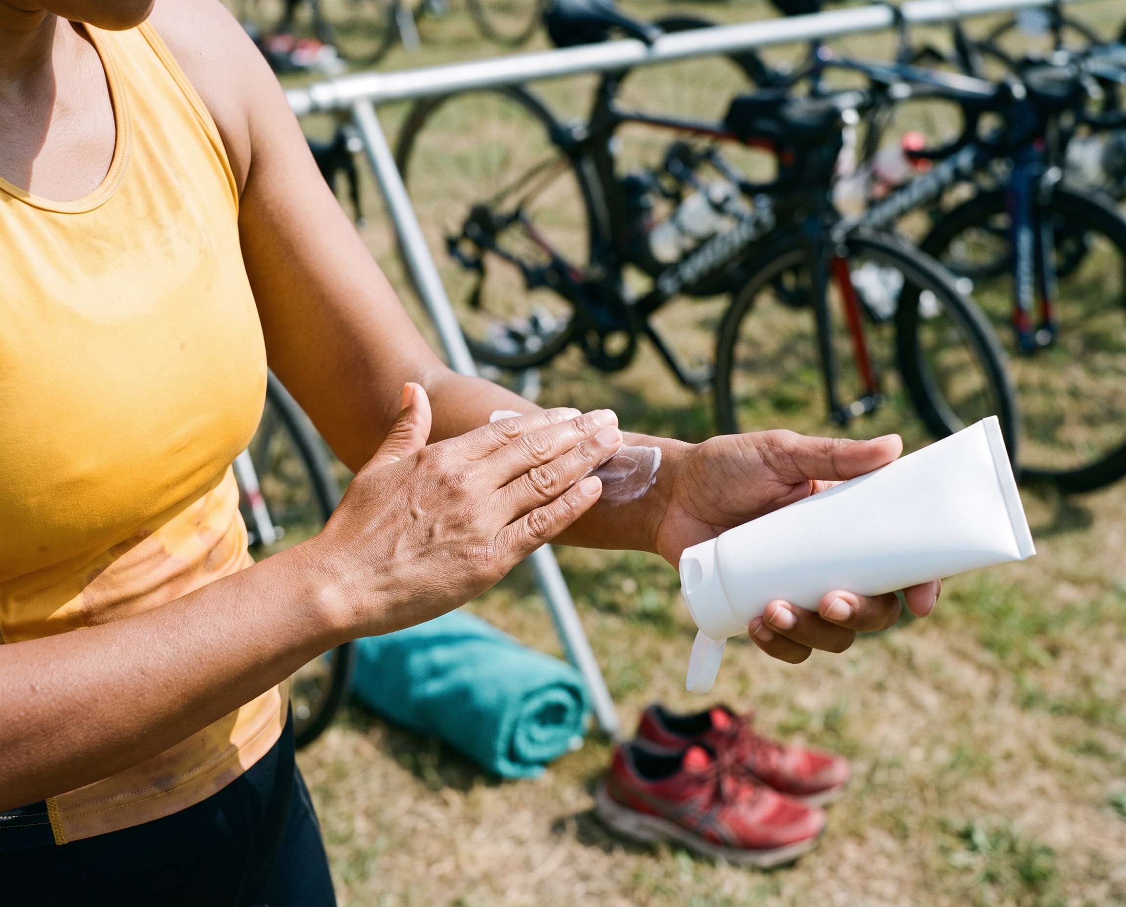 Woman applying sunscreen to her forearm in a triathlon transition area