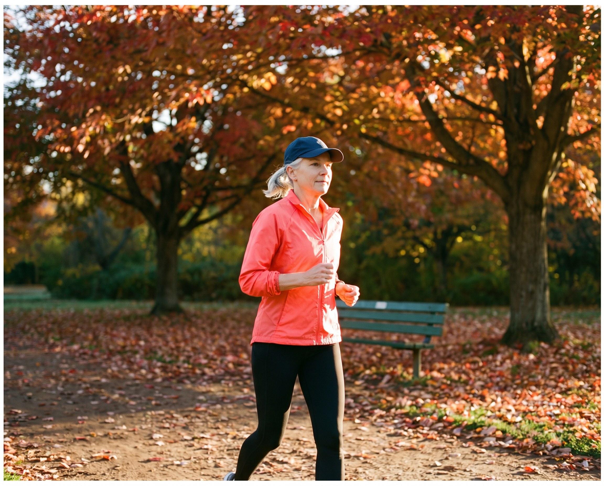 Woman in her 60s running on an autumn park path in a coral jacket