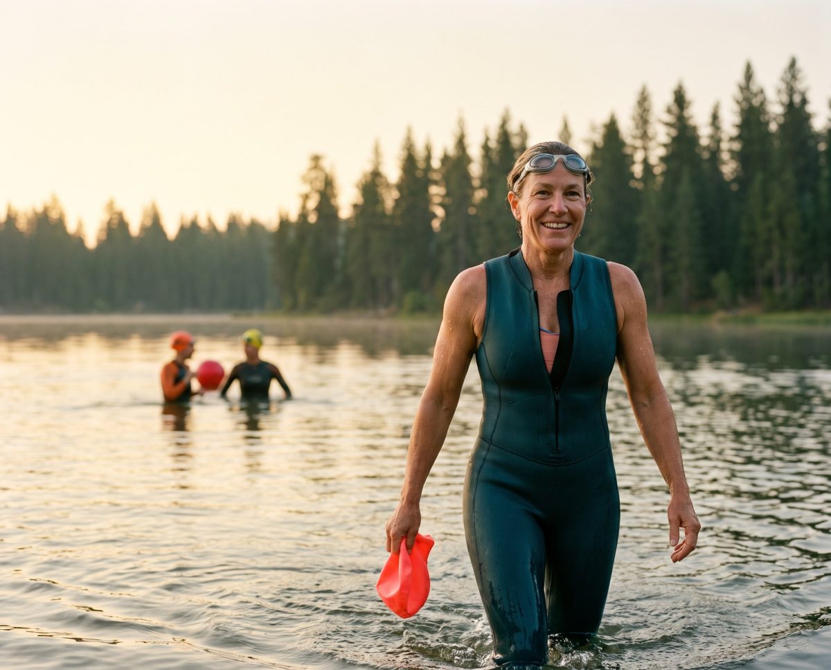 Smiling swimmer exits forest lake at sunrise
