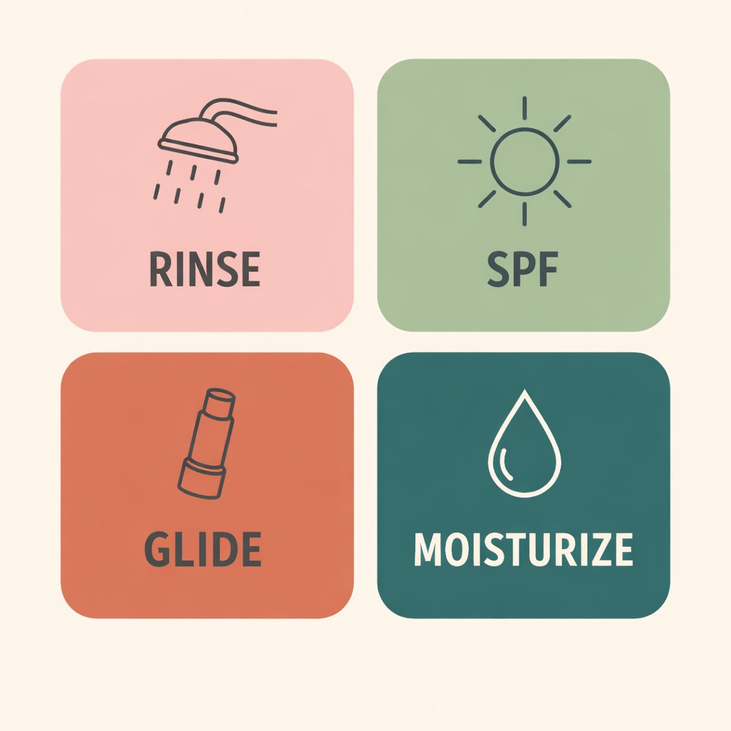Infographic showing four triathlon skin care steps: rinse, SPF, glide, moisturize
