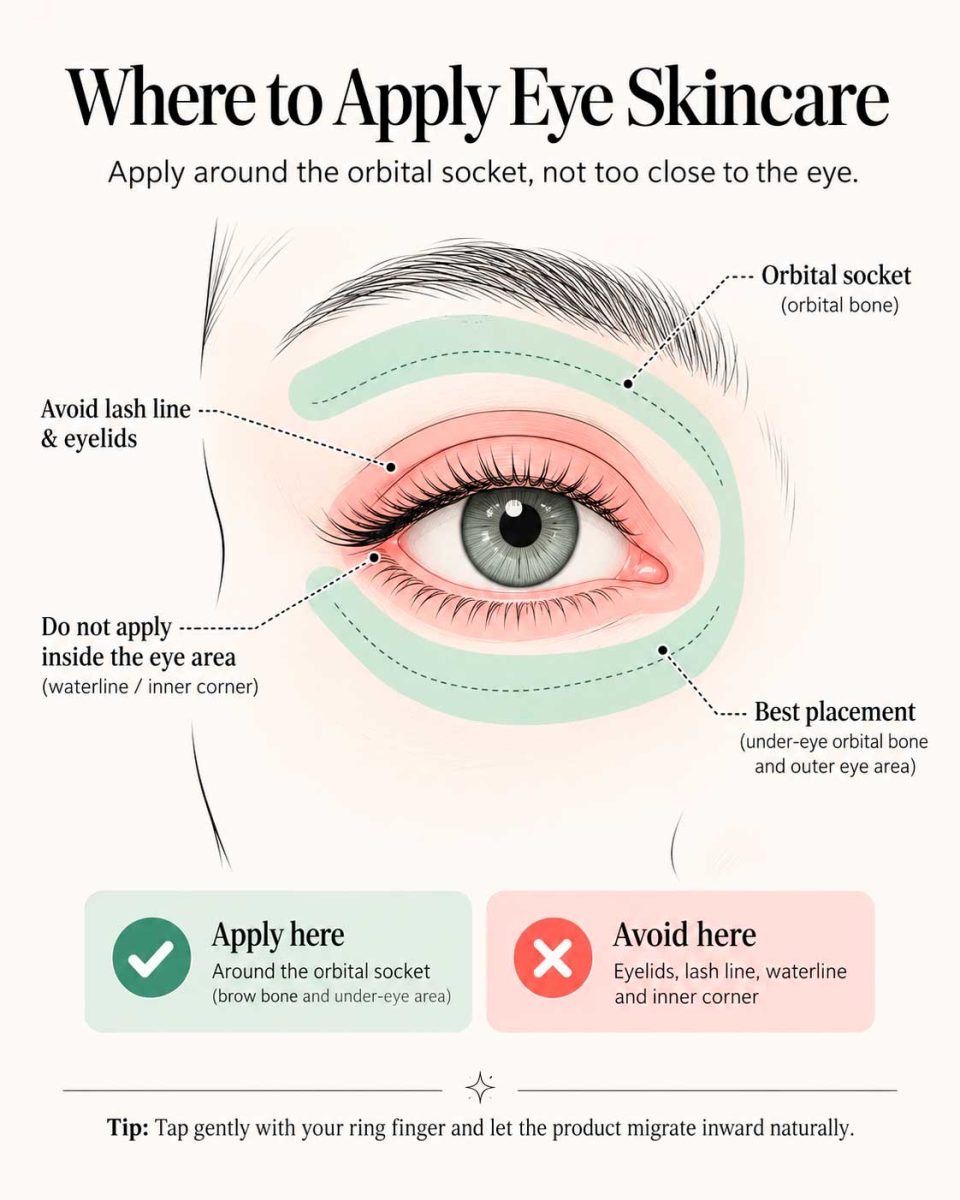 Eye skincare application diagram showing orbital bone placement